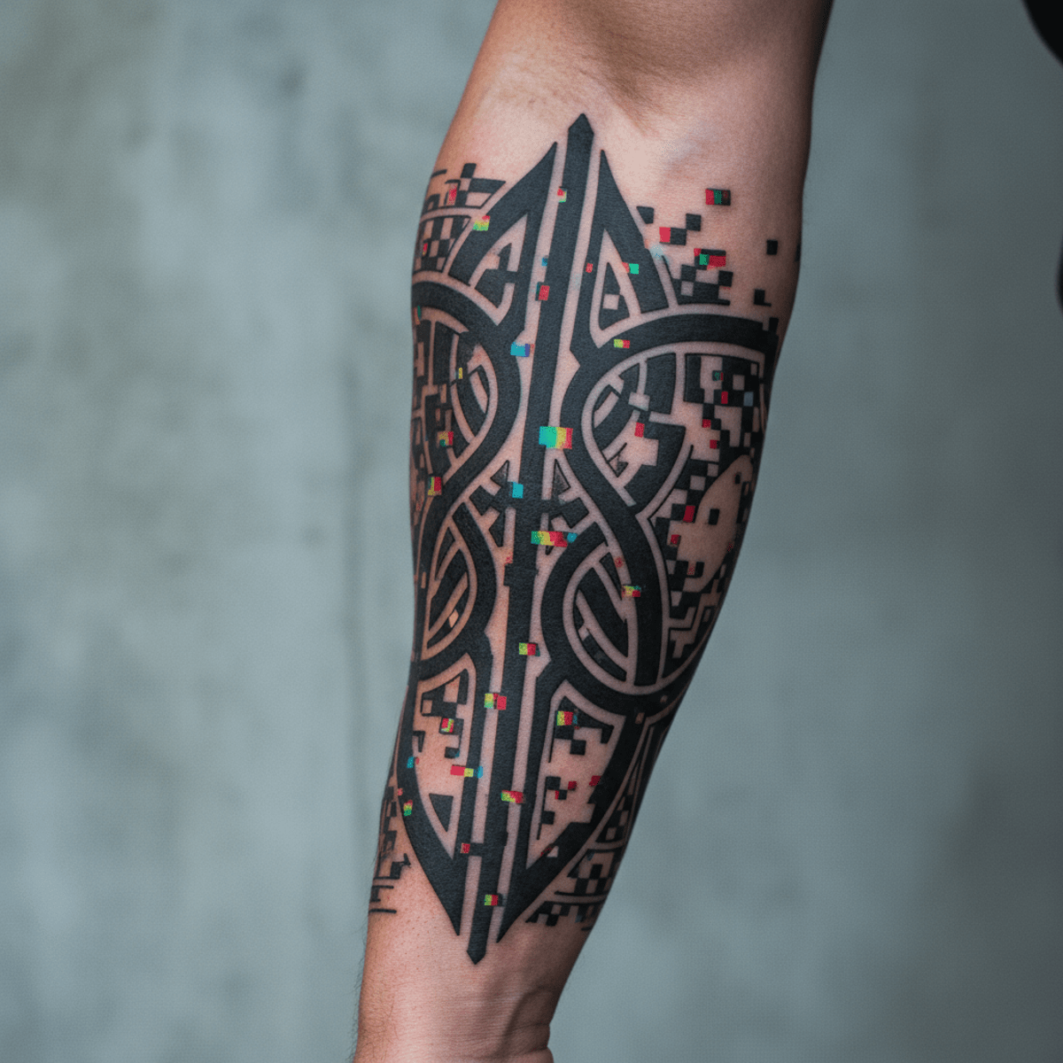 Neo-tribal tattoo with digital glitch effects on a male forearm against concrete.