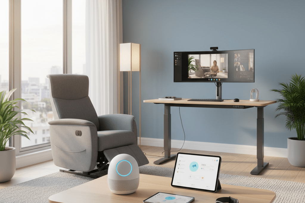 A thoughtfully designed senior living space showcasing health tech and comfort-oriented innovations under natural light