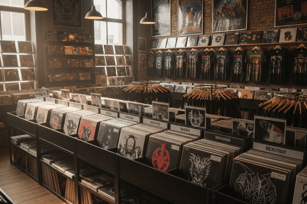 Warmly lit record store with shelves of albums, band t-shirts, and posters symbolizing enduring brand loyalty