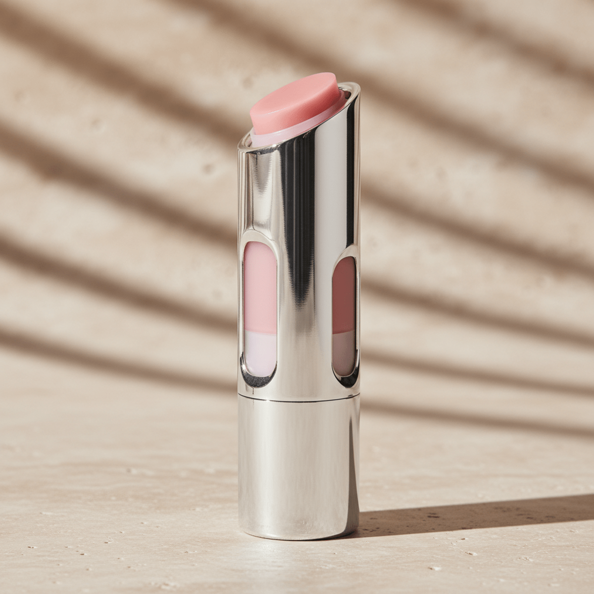 Luxurious pink lip balm in a sleek, faceted polished aluminum cylinder.