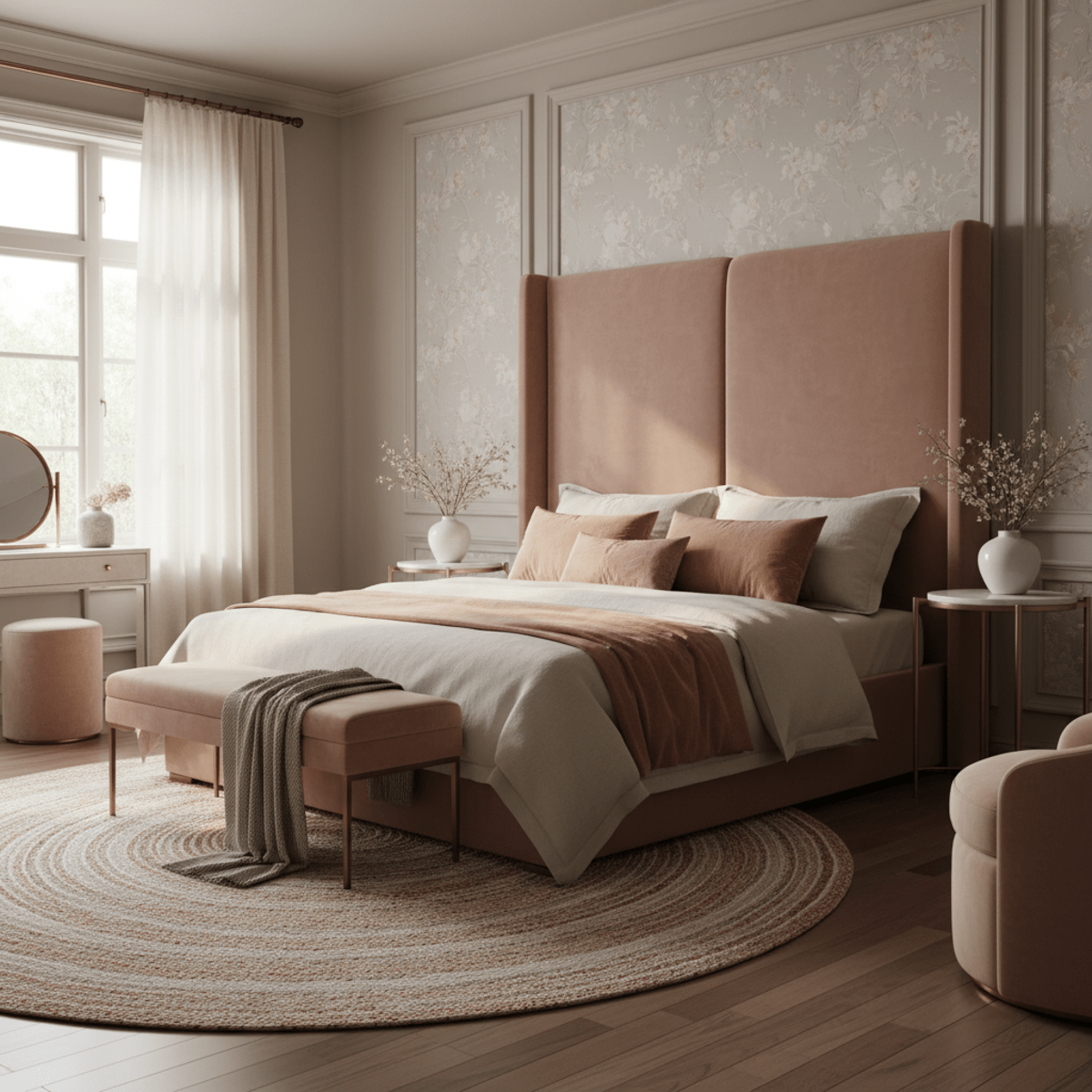 Elegant bedroom with dusty rose headboard, velvet cushions, and vintage floral wallpaper.
