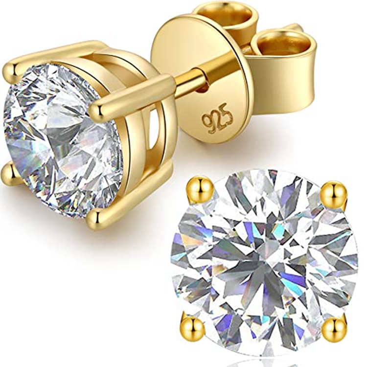 Classic Design 18K Gold Plated 925 Sterling Silver Screw Back GRA Certificated 4-8mm Round Diamond Moissanite Stud Earrings