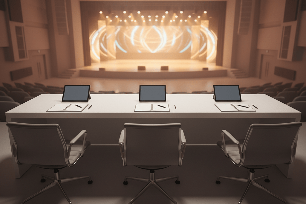 Empty judging panel setup in a softly lit auditorium Wide shot of an auditorium stage with an unoccupied judging desk under warm ambient lighting, symbolizing structured evaluation systems