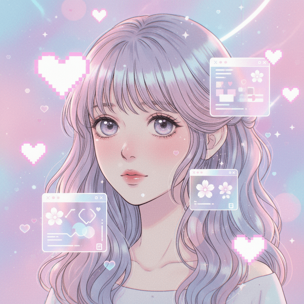 Shoujo manga character with pastel hair and UI elements, blending art and tech.