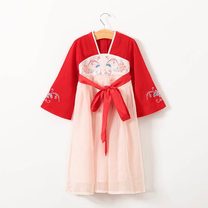 Оптовая продажа, китайское традиционное платье для девочек, Сетчатое платье с вышивкой, дизайн династии Хань, праздничное летнее платье для девочек