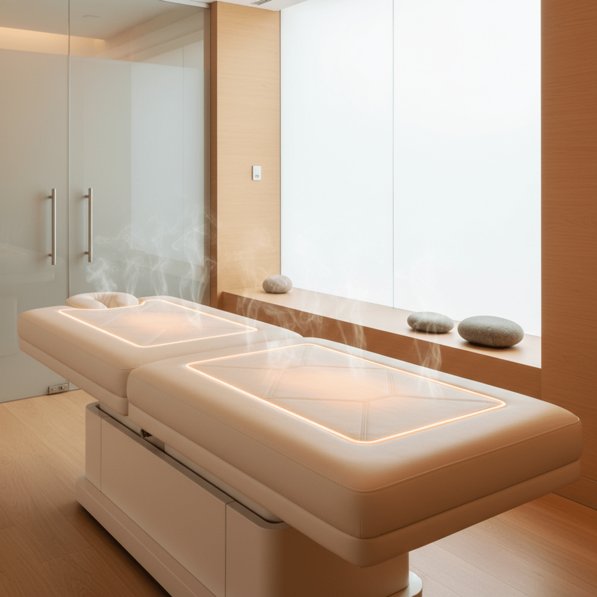 Sleek cream leather hydraulic massage table with integrated heating in a modern spa.