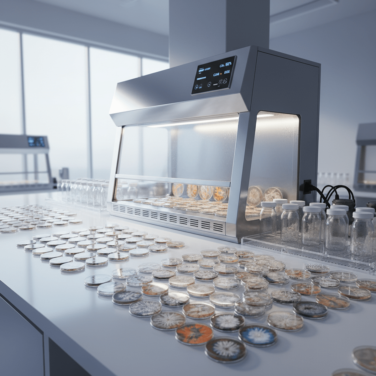 Sterile laboratory setup for gourmet mushroom cultivation with petri dishes and culture jars.