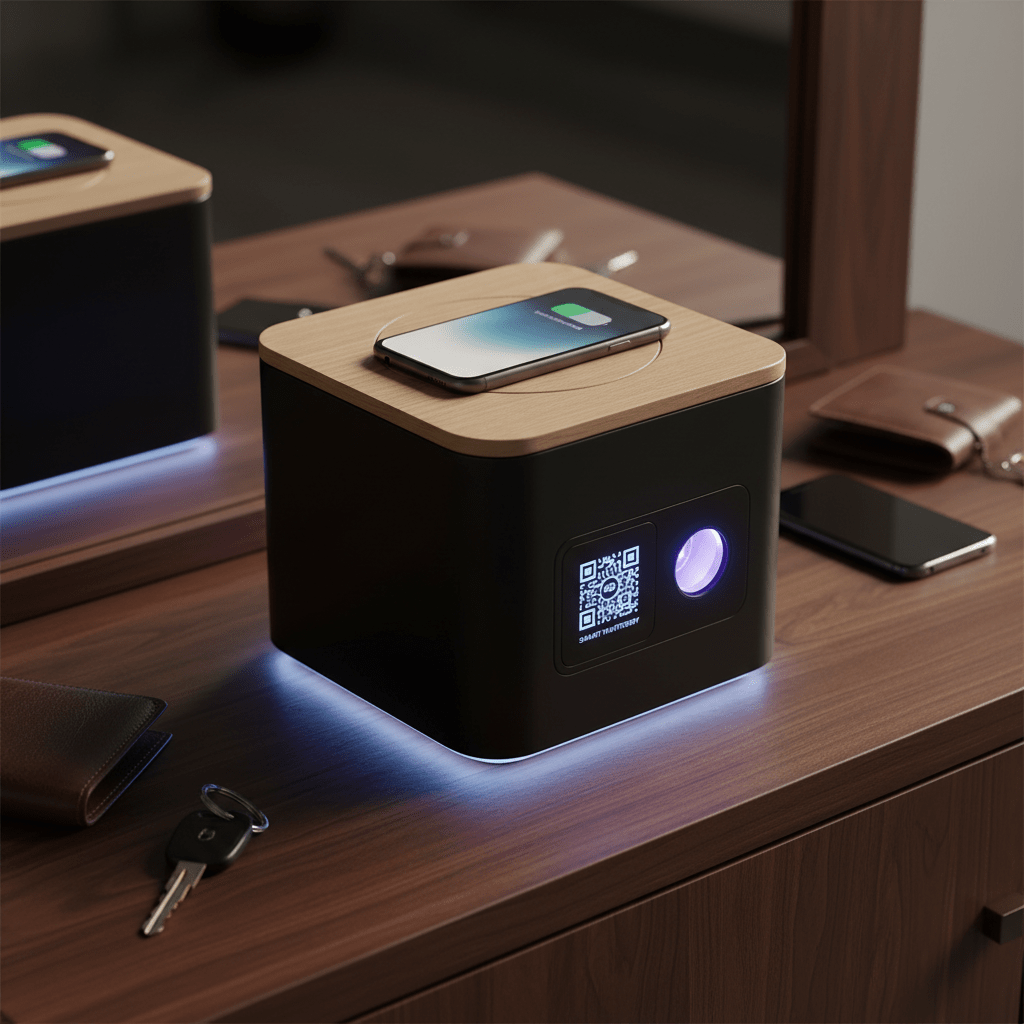 Compact smart storage box with QR code and UV-C, matte black recycled plastic and oak.