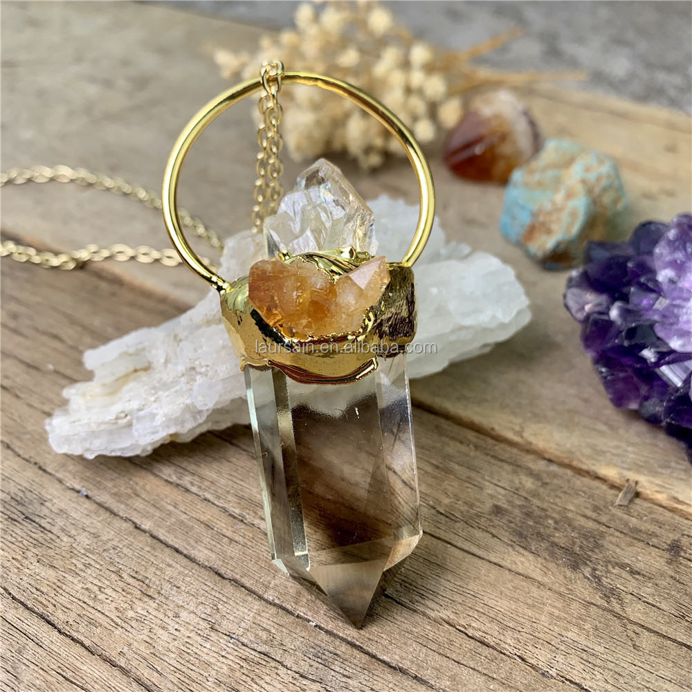 ls-a2820天然原料时尚宝石吊坠项链,水晶烟熏透明石英石诞生石项链