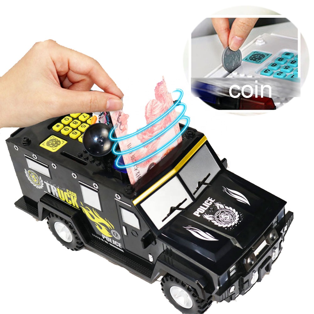 Automate coin cash carriers roll money building block police truck electronic atm piggy bank toy money safe box with password