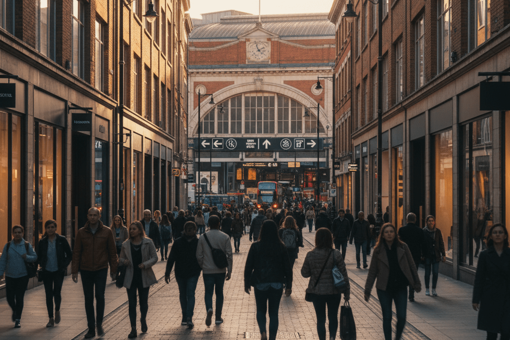 Bustling urban retail area near train station with shoppers and warm ambient lighting, showcasing economic growth tied to public transport initiatives