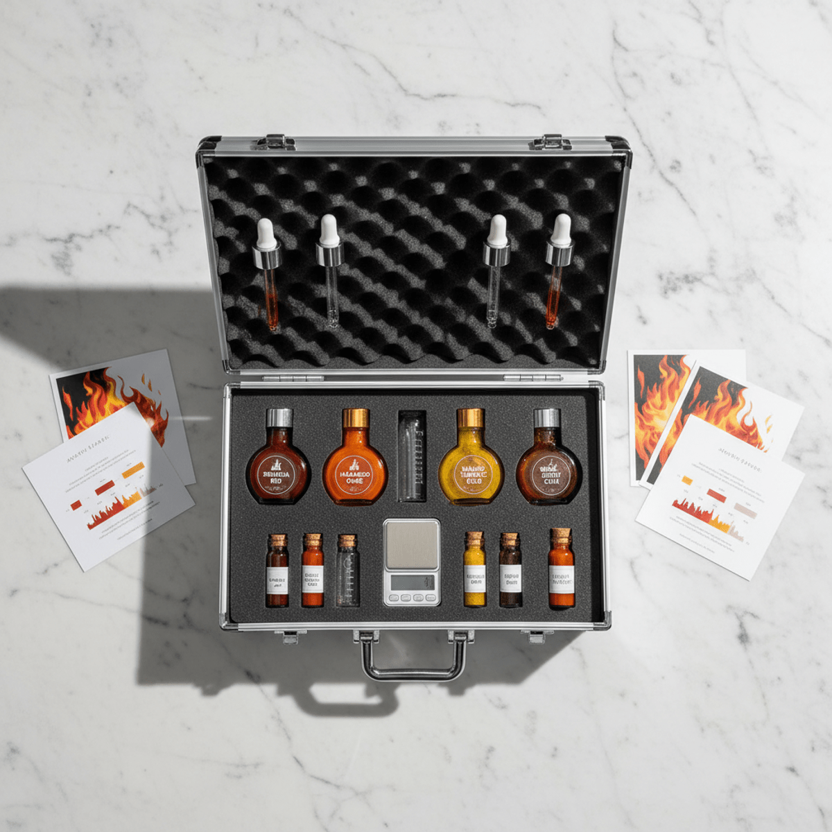 Mini hot sauce blending kit styled as a science experiment. High-end mini hot sauce blending set arranged like a scientific experiment on marble.