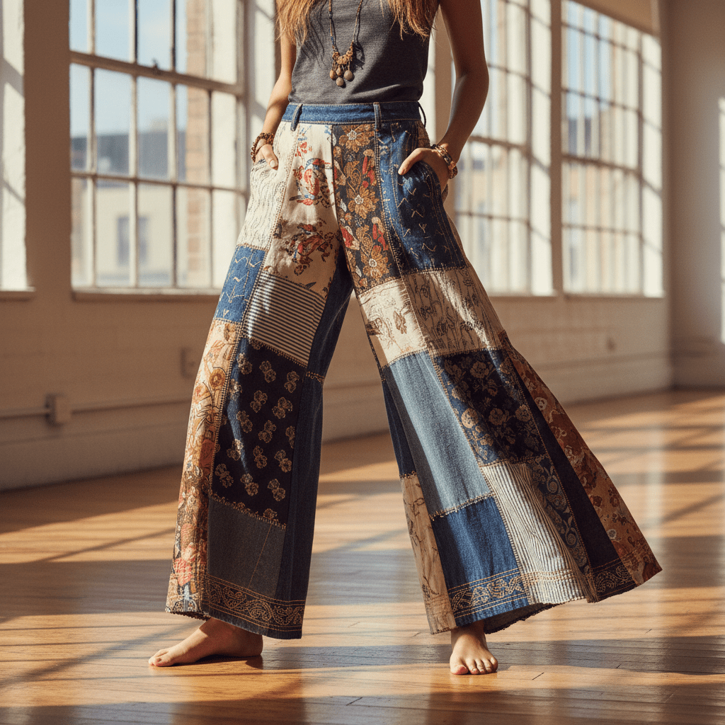 Upcycled patchwork palazzo pants made from denim, silk, and corduroy fabrics.