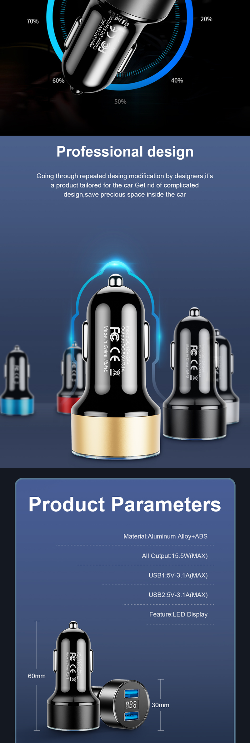 Eonline 3.1A Dual USB Car Charger With LED Display Mobile Phone Car-Charger for Xiaomi 9 Samsung S8 iPhone 11 6 6s 7 8 Plus Tabl