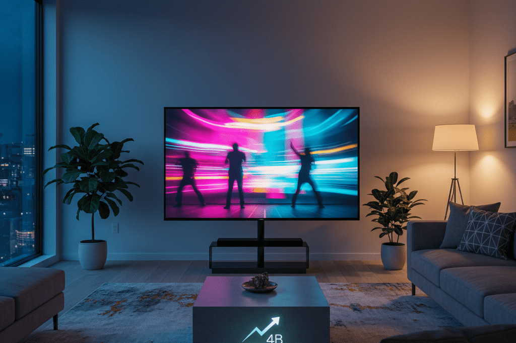 Medium shot of living room with TV showing blurred concert lights and smartphone displaying abstract social engagement metrics, natural ambient lighting