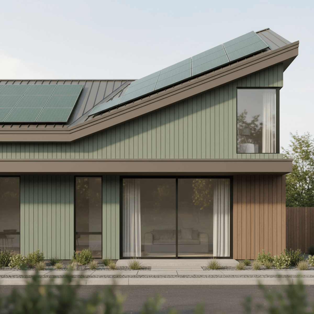Sleek modern home with integrated sage green solar roof heaters and minimalist landscaping.