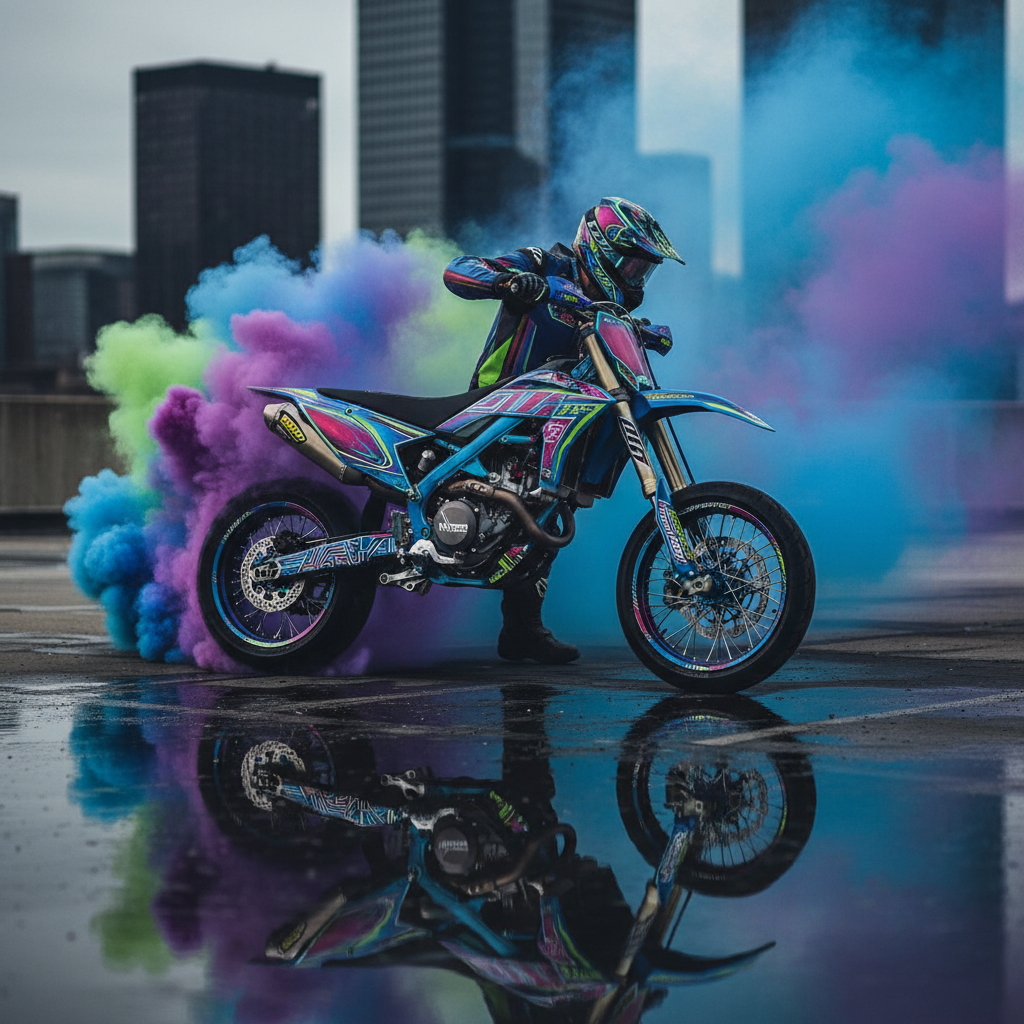 Supermoto performs burnout on urban rooftop, creating colorful smoke clouds.