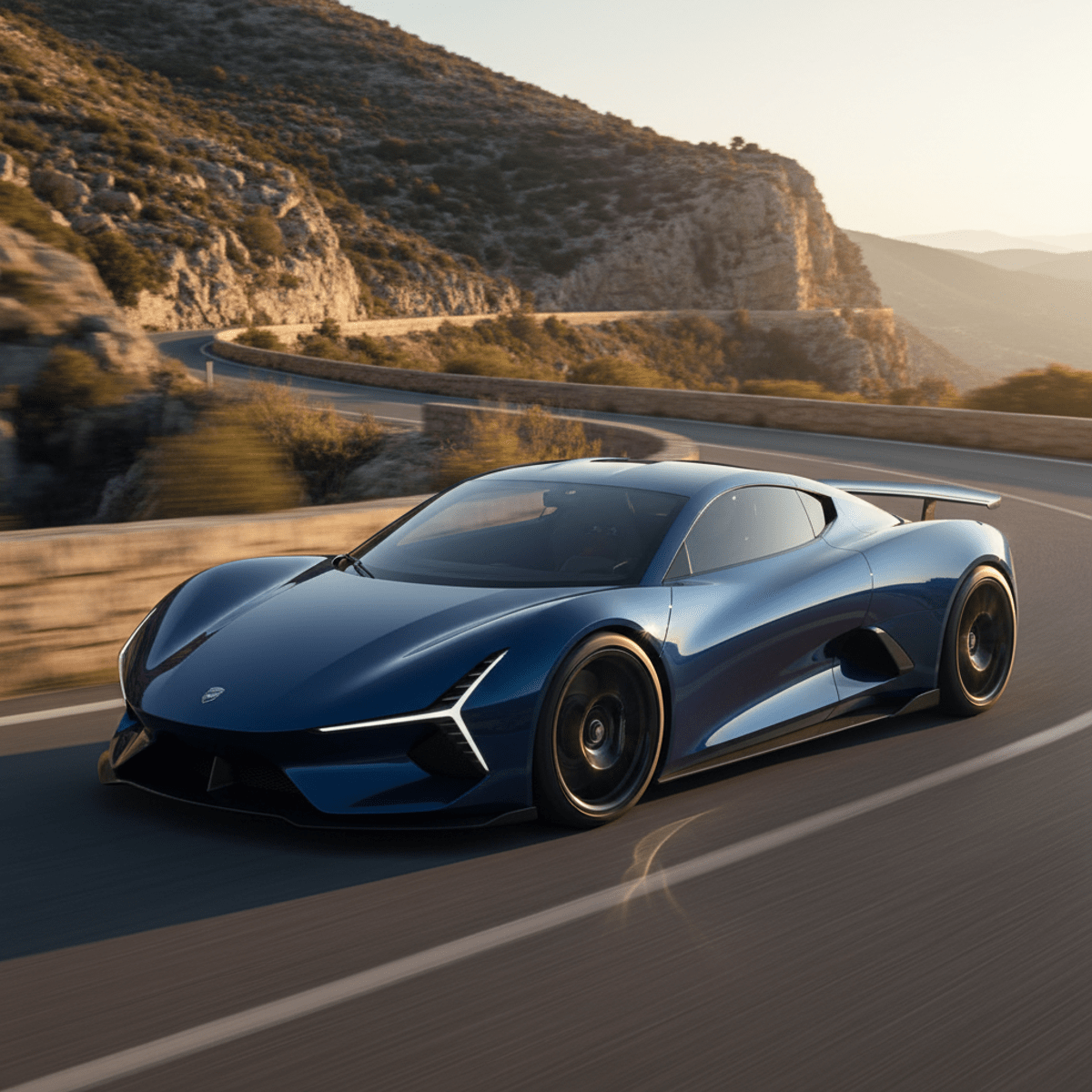 Sleek European sports car carves mountain roads at golden hour, glossy metallic finish.
