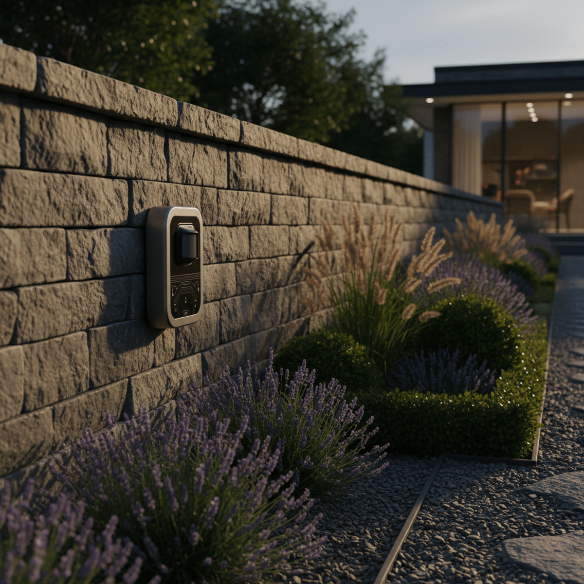 Modular ultrasonic cat repellent unit integrated into a stone-effect garden wall.