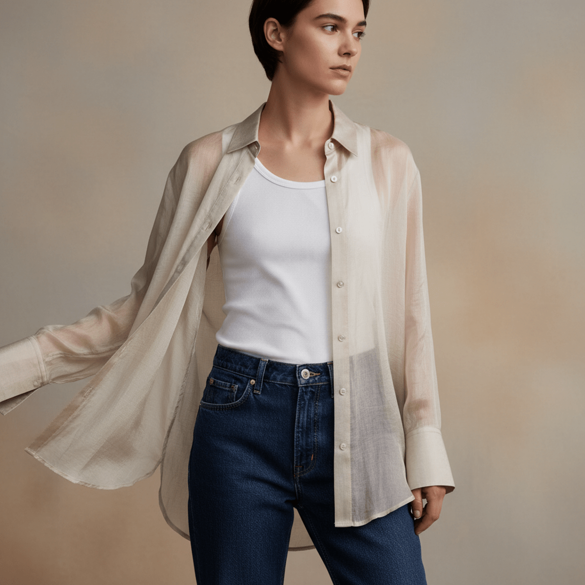 Young adult in sheer organza shirt over white tank and denim jeans.