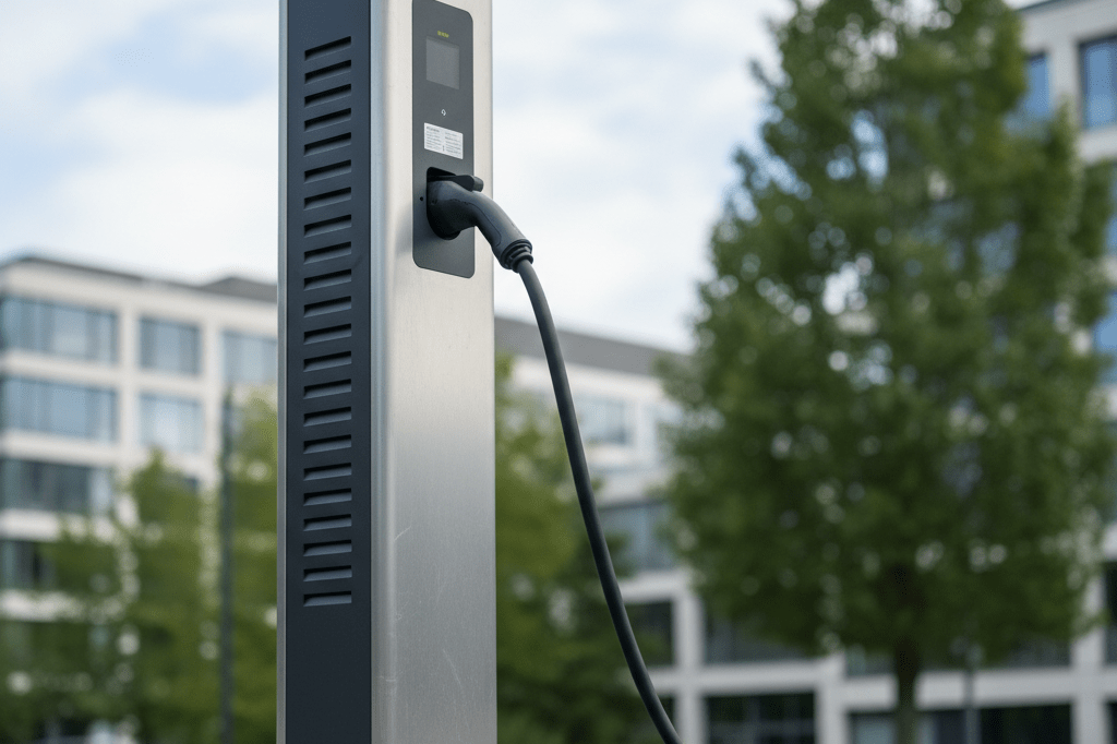 Close-up view of a clean and futuristic electric vehicle charging station under natural daylight, symbolizing green transport advancements