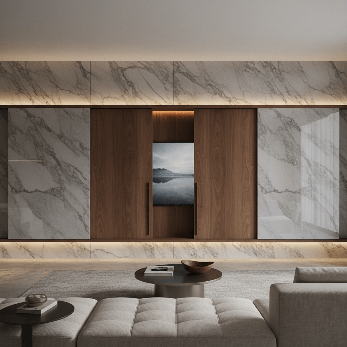 Sleek marble wall with retractable wood panels revealing a hidden TV.