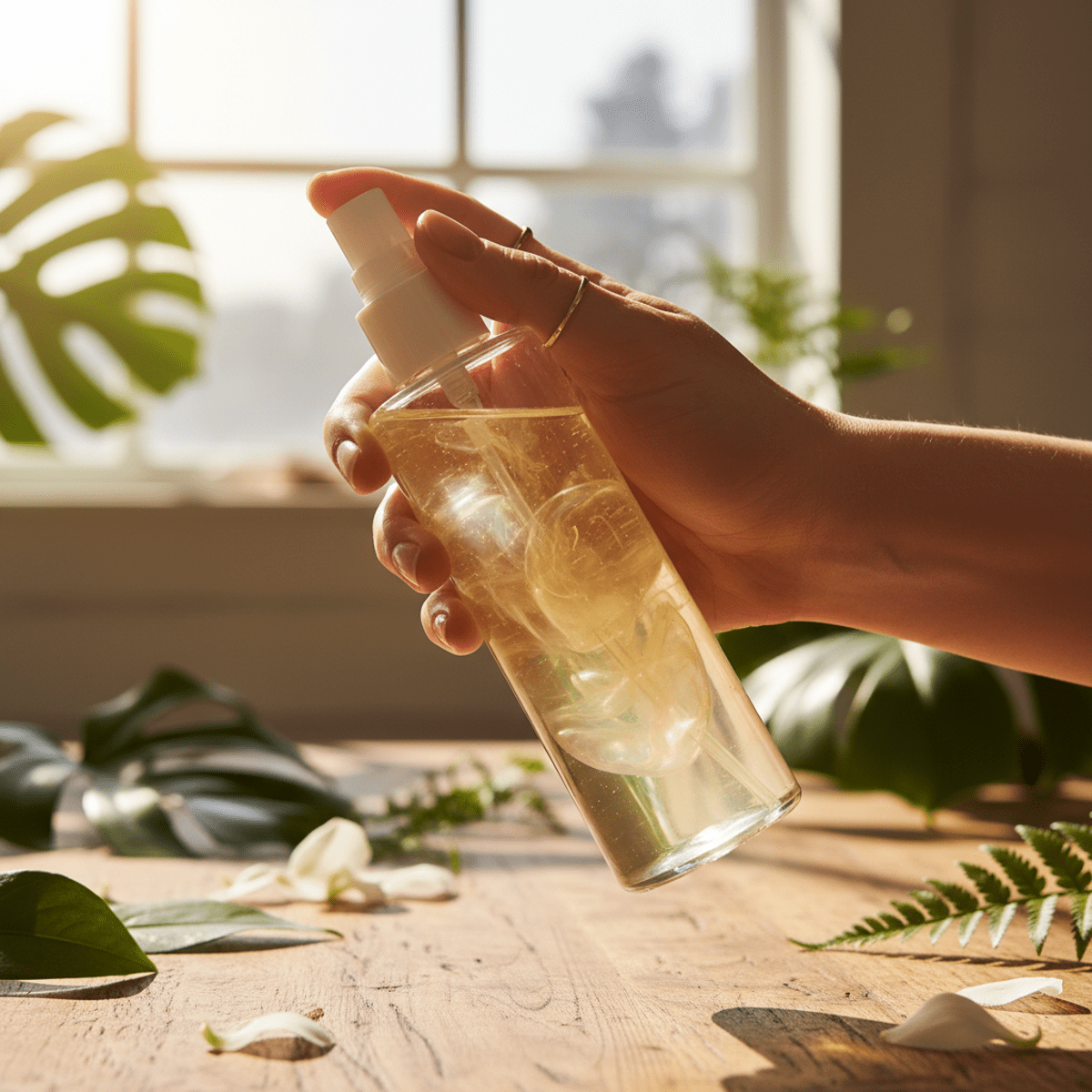 Hand shaking hair growth oil spray, blending golden oil and water into pearlescent emulsion.