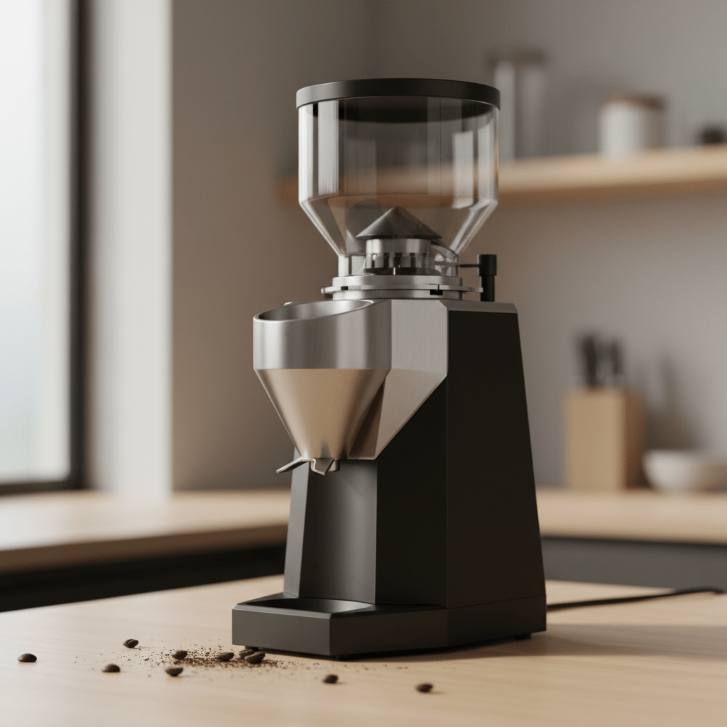 Matte black coffee grinder with geometric design on wooden counter.