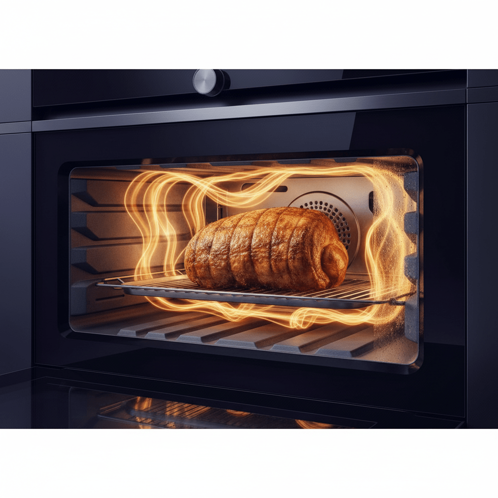 Electric convection oven interior with glowing airflow cooking a roast.