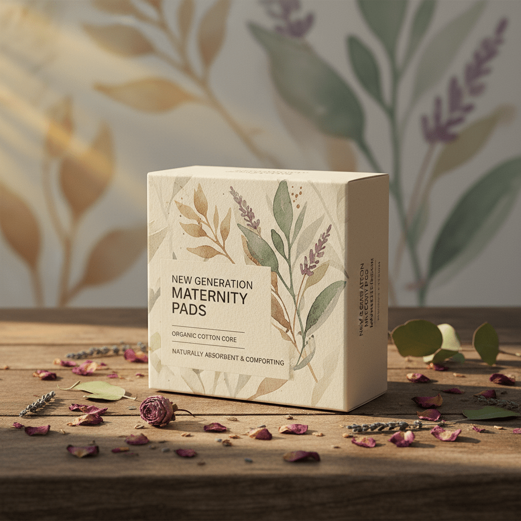 Maternity pad package with botanical design on a wooden table with scattered petals.