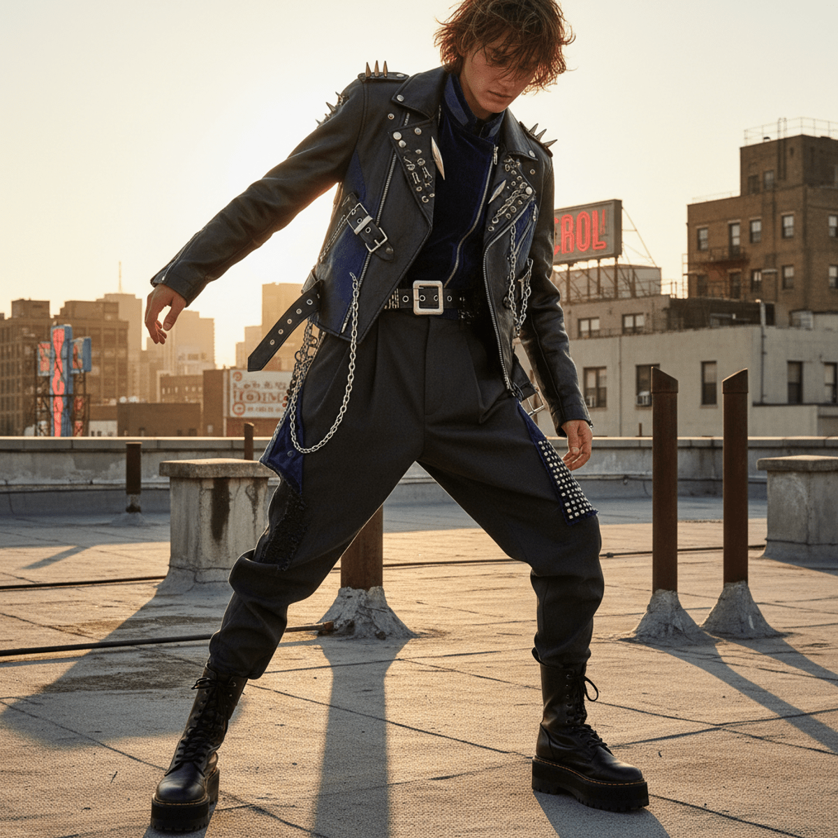 Deconstructed matte black leather jacket with sculptural buckles on urban rooftop.