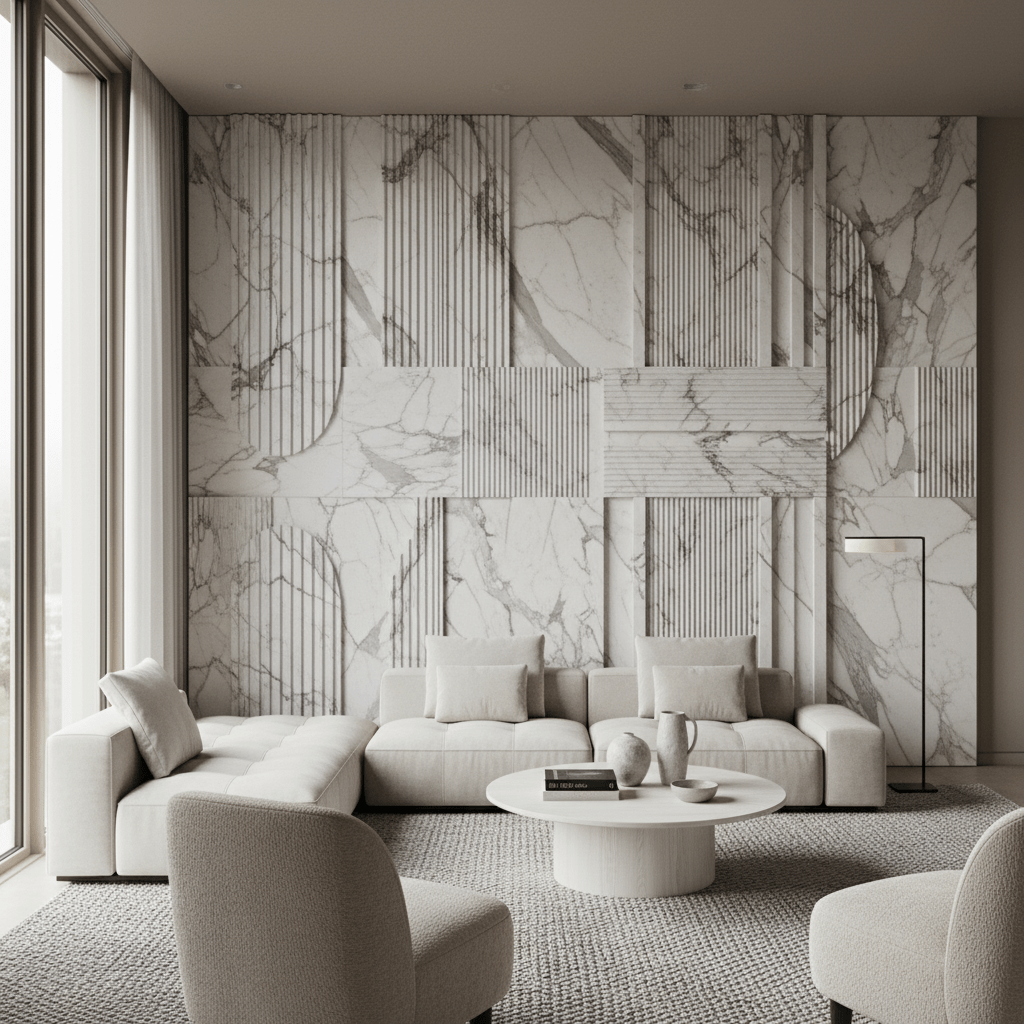 Modern living room with 3D fluted marble accent wall and diffused daylight.