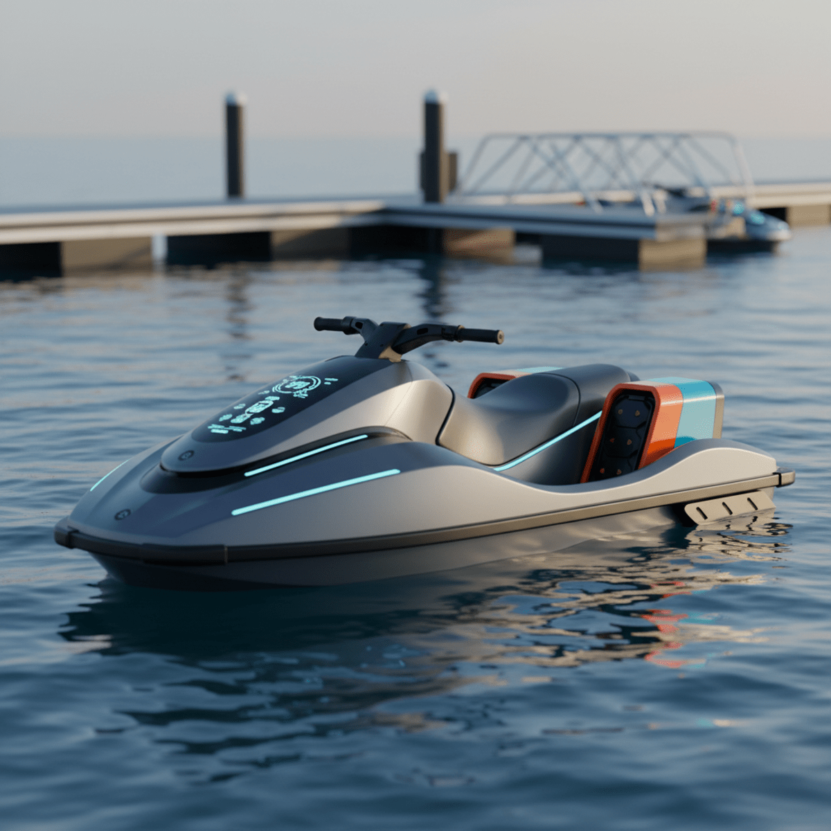 Sleek futuristic mini jet ski with graphite body panels on calm blue water.