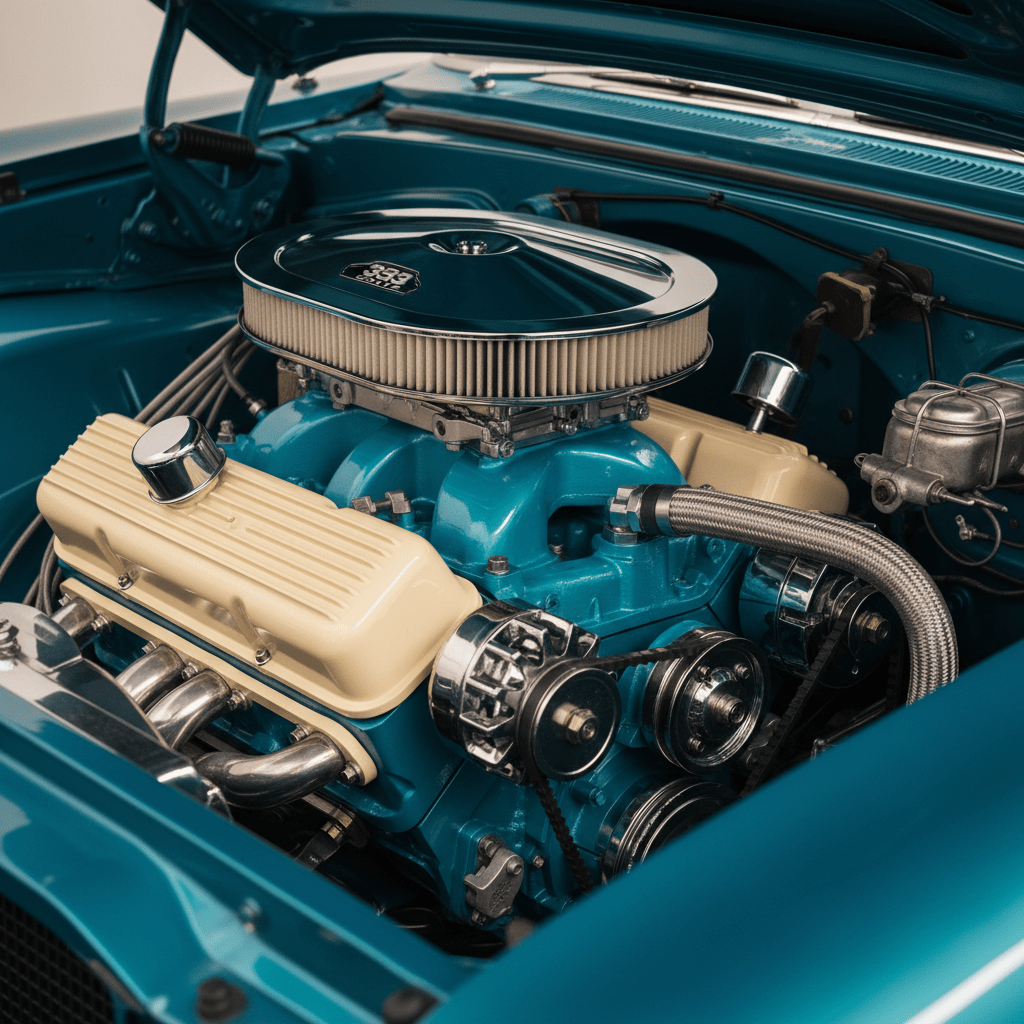 Custom turquoise 1950s classic car engine with cream accents and polished details.