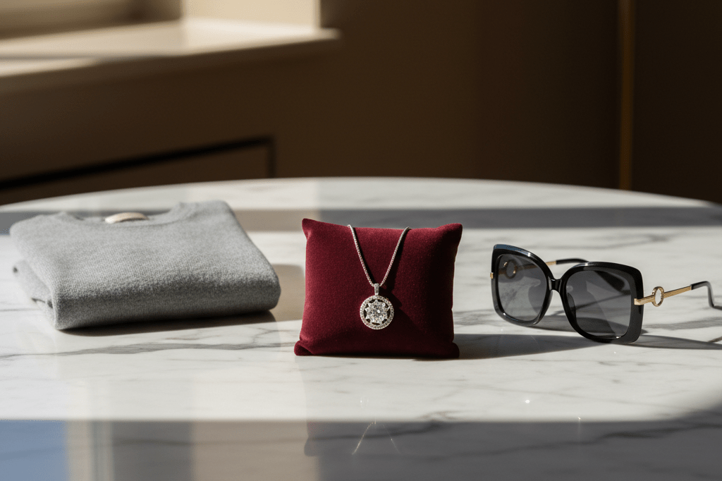 Medium shot of a gray cashmere sweater, diamond pendant on velvet, and black gold-accented sunglasses on marble surface in natural light