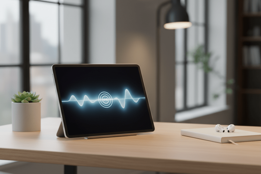 Desk with Apple device showcasing voice assistant interface under natural light, symbolizing innovative customer interaction tools