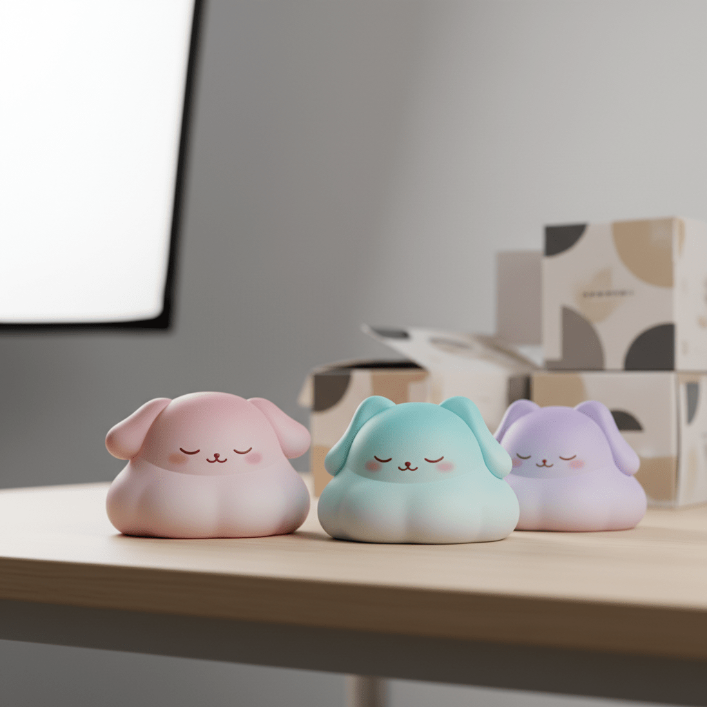Soft matte kawaii vinyl art toy with pastel gradients on a minimalist desk.