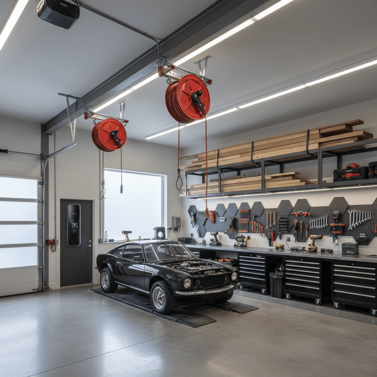 Sleek modern garage workshop with organized storage and bright LED lighting.