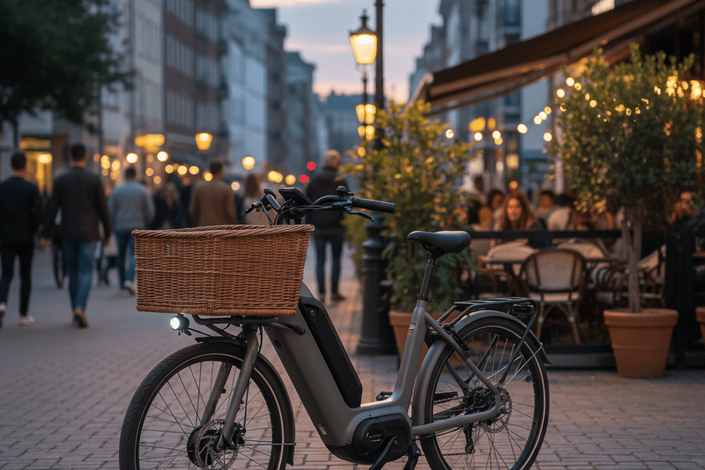 Modern electric cargo bike in a lively urban environment Electric cargo bike with pet-friendly design parked under warm city lights, reflecting sustainable transportation trends
