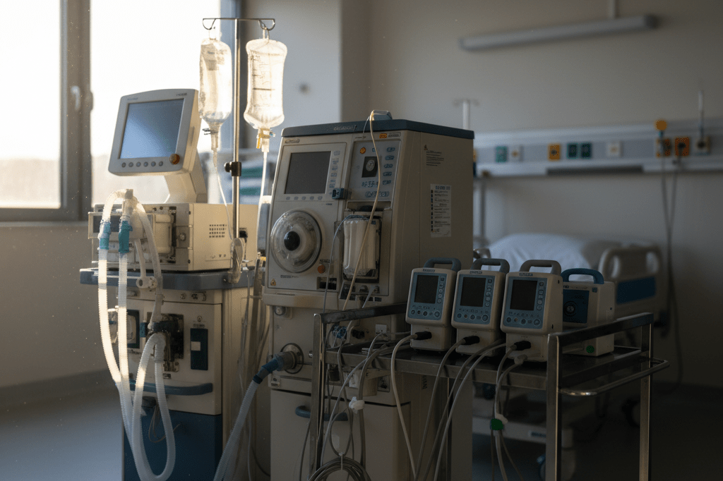 Ventilators and monitoring devices in a hospital room symbolizing readiness for health crises