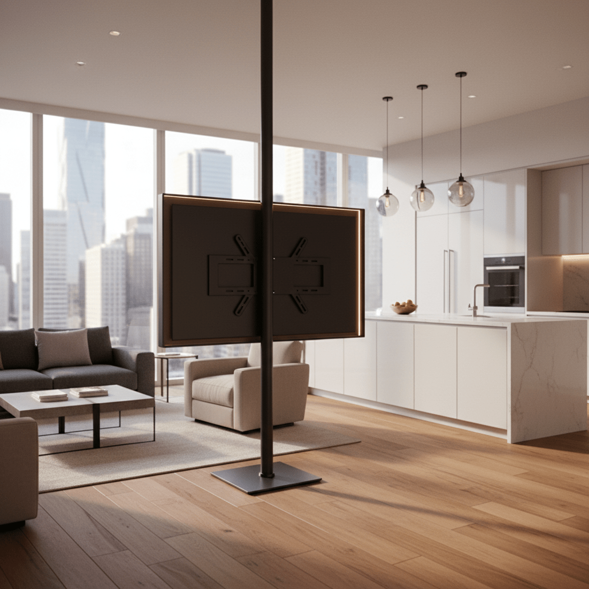 Large TV on a matte black motorized swivel mount in a contemporary studio apartment.