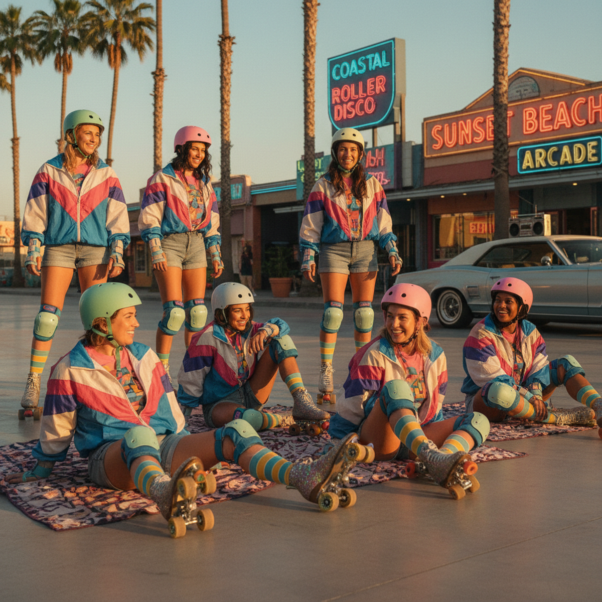 Diverse friends enjoy outdoor roller skating in 80s style during golden hour.