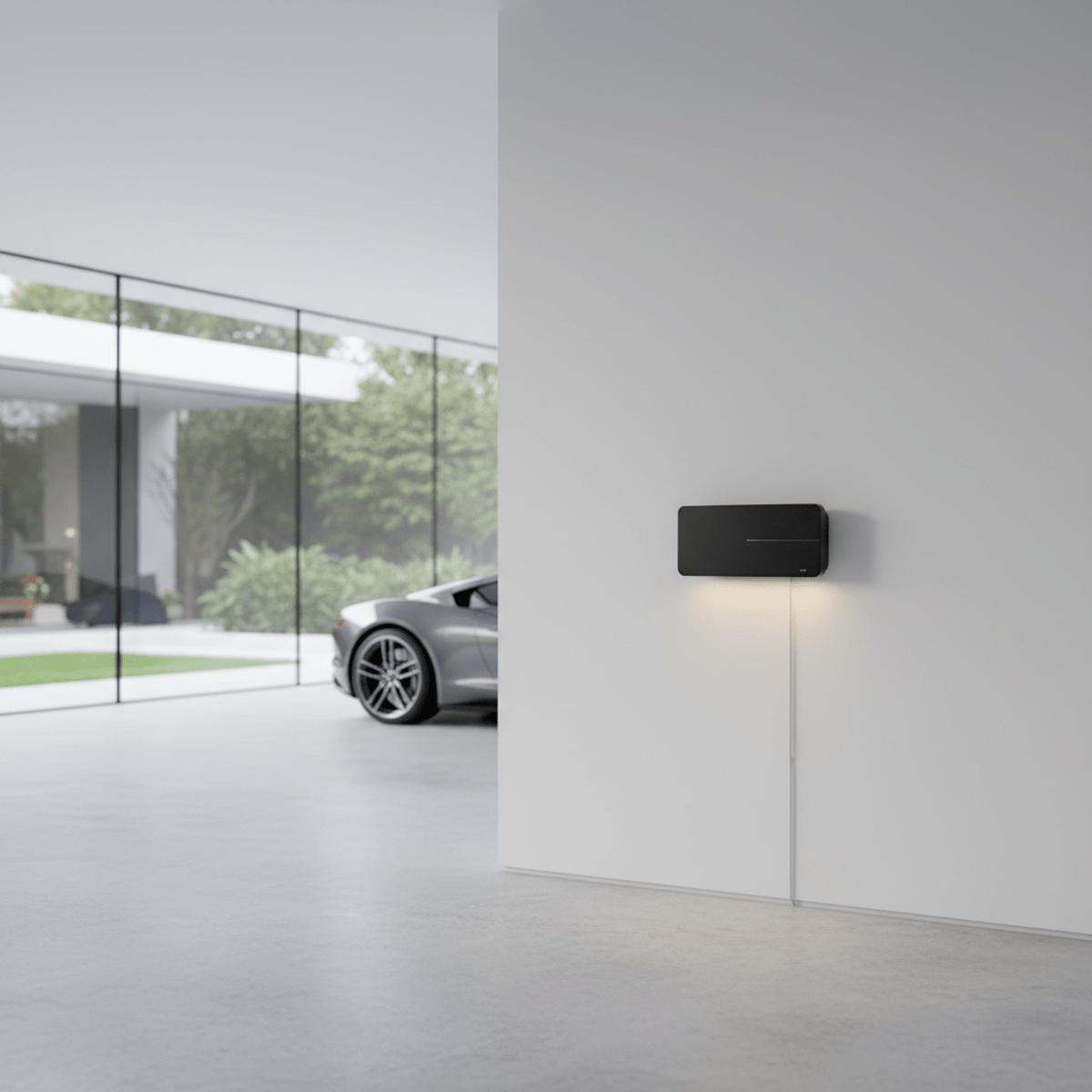 Modern garage with sleek wall mount opener on white wall and polished concrete floor.