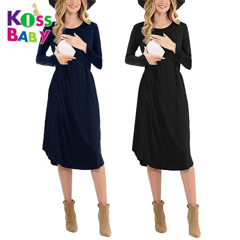 Оптовая продажа, Одежда для беременных, Хлопковое платье с длинным рукавом для беременных и кормящих матерей, платье для кормящих мам для женщин