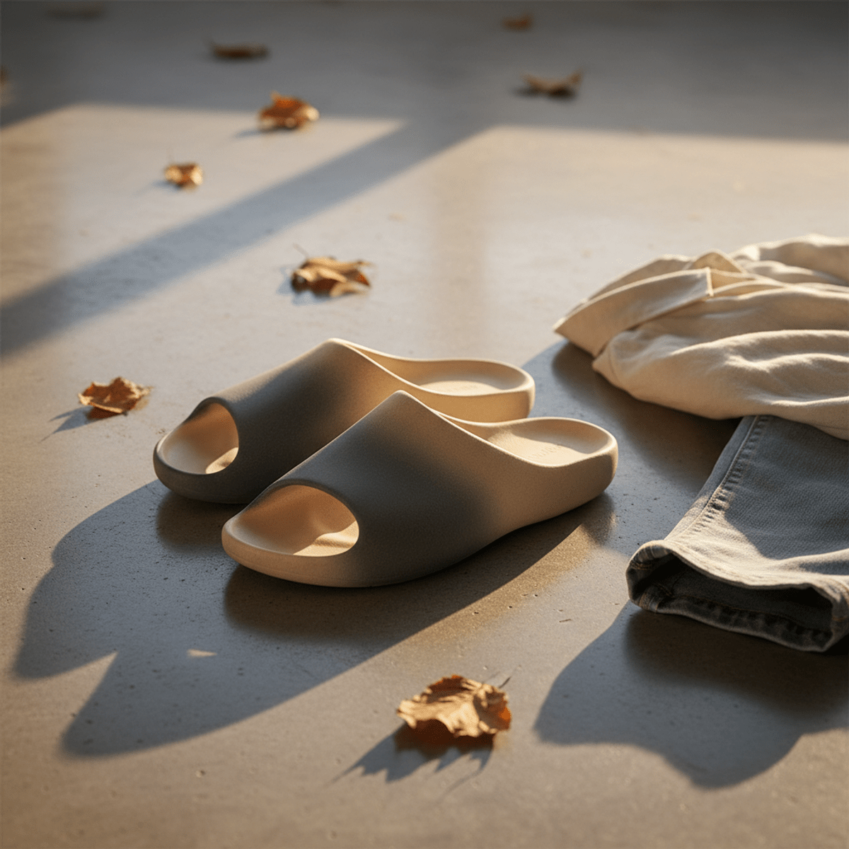 Trendy men's mycelium slides in charcoal and sand tones on concrete floor.