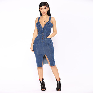 2019Women Female Sexy Spaghetti Strap Sleeveless Denim Jeans Dresses Clothing Women Single