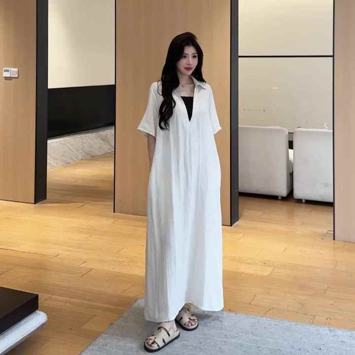 Modest Streetwear Maxi Dress Plus Size Short Sleeve Long Tee Shirts Casual  Girls Summer Split Linen Cotton T Shirt Dresses Women