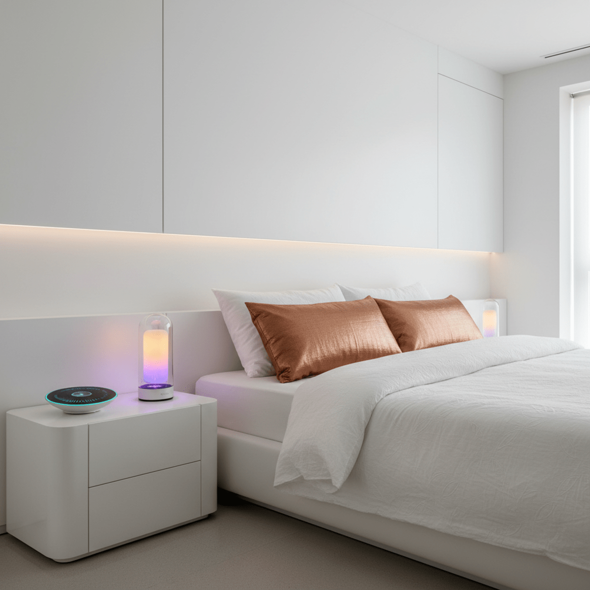 Ultra-modern clinical bedroom with organic cotton bedding and sunrise alarm clock.