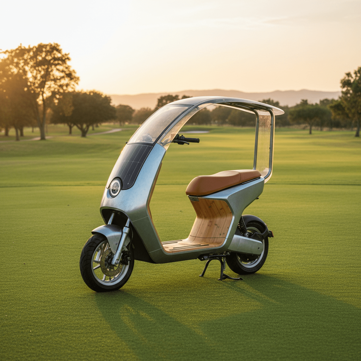 Sustainable electric golf scooter with solar canopy on a lush fairway.