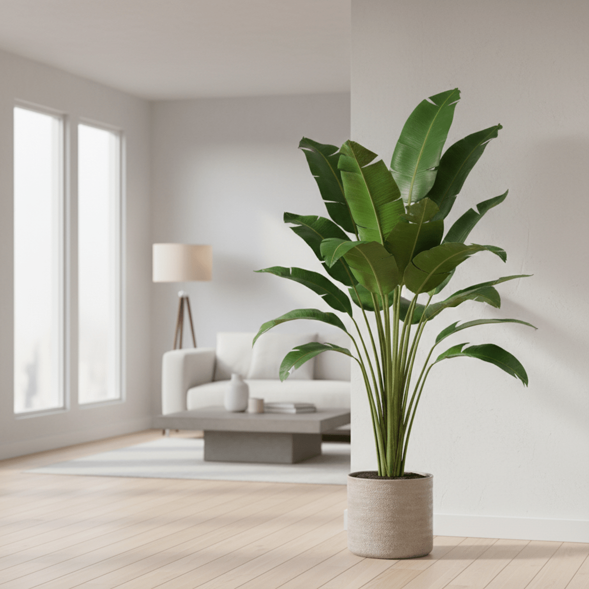 Towering faux Bird of Paradise tree in a modern living room creates a lush indoor jungle.